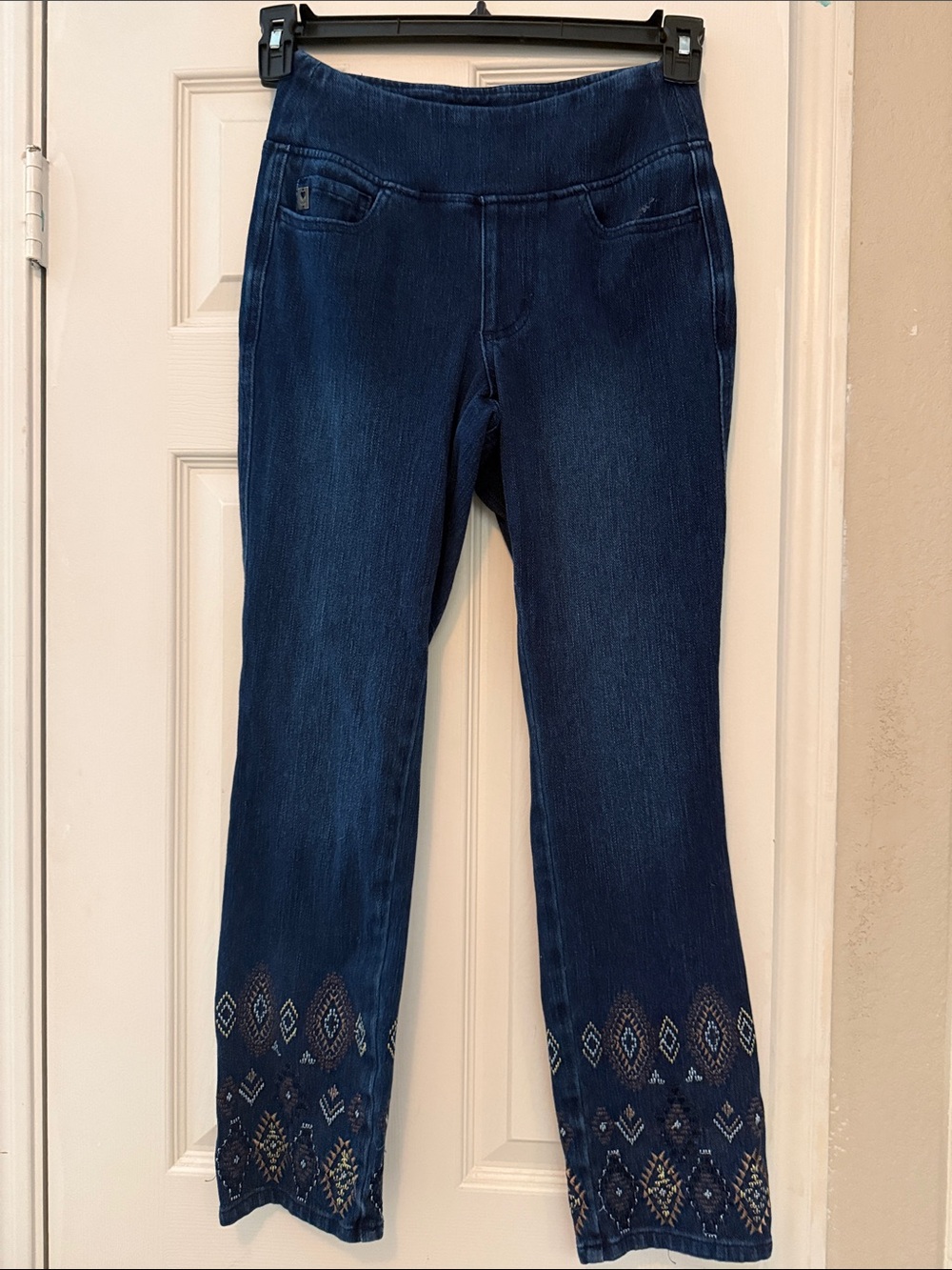 Belle by Kim Gravel Dark Blue Embroidered Hem Flare Jeans - Picture 1 of 2